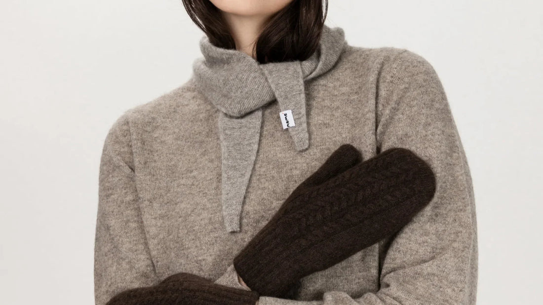 Nome model wearing Guna Scarf and Noyon sweater in Gray