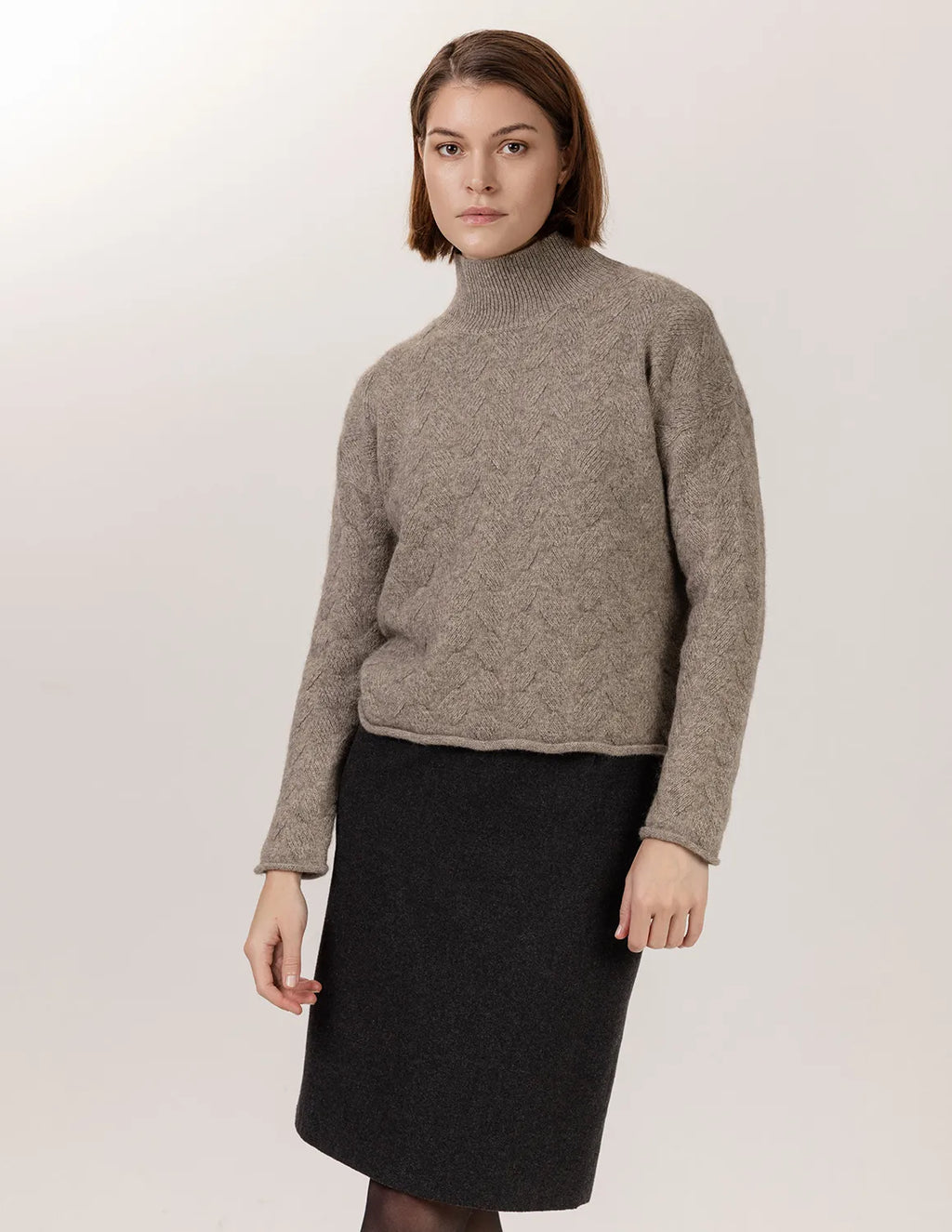 Woman wearing a gray turtleneck sweater and black skirt on a white background - Natural Grey