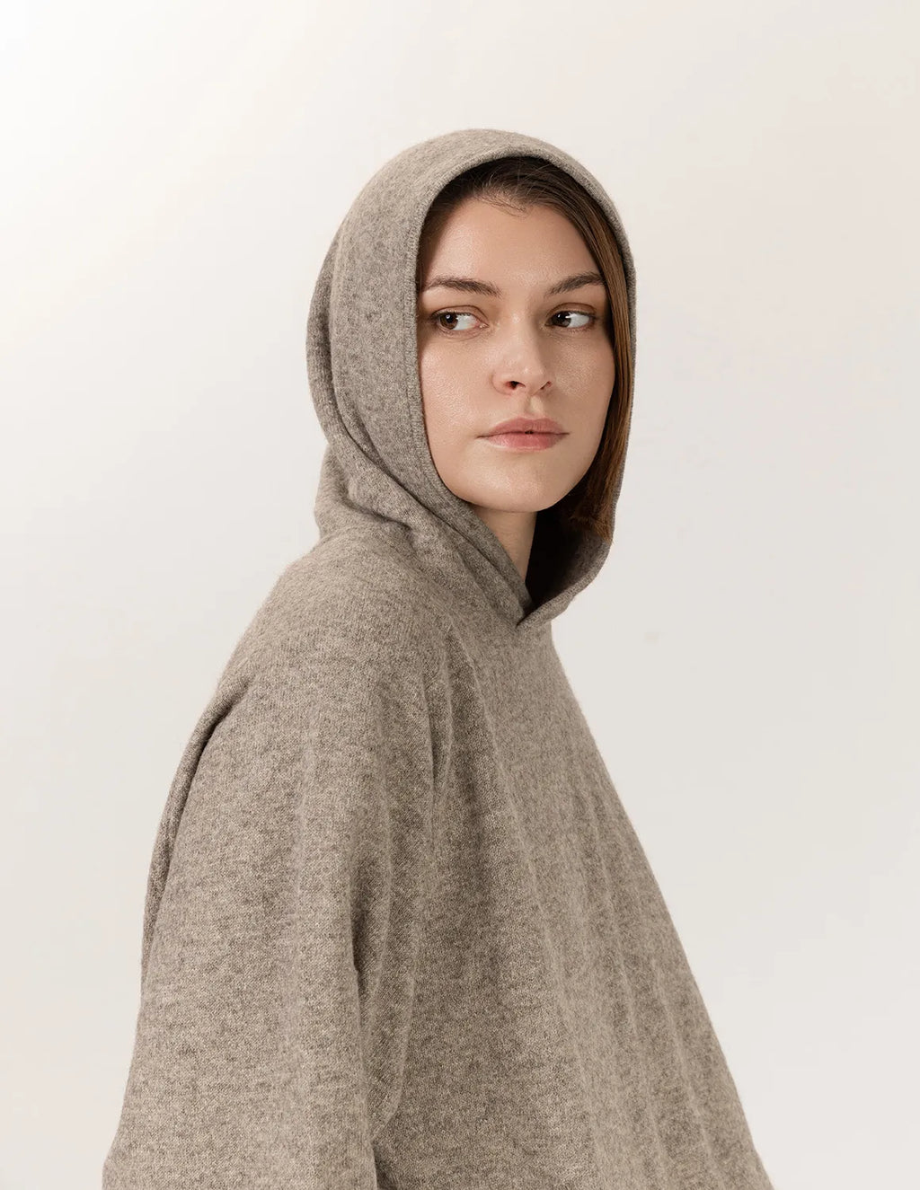 Person wearing a beige hooded sweater against a white background - Natural Grey