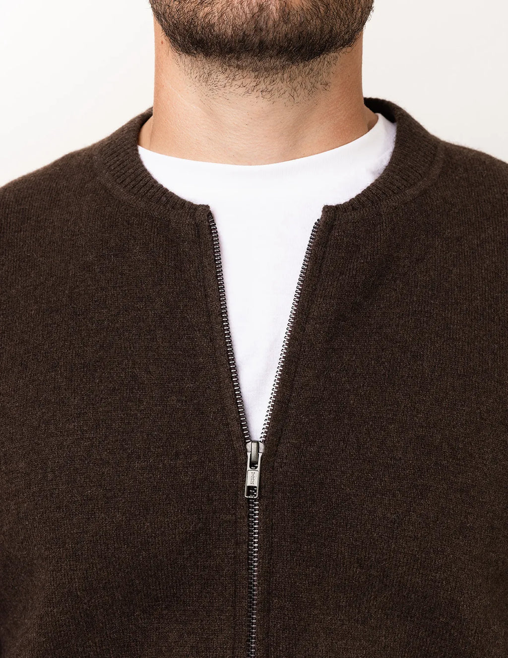 Brown zip-up sweater worn by a person on a white background - Natural Brown