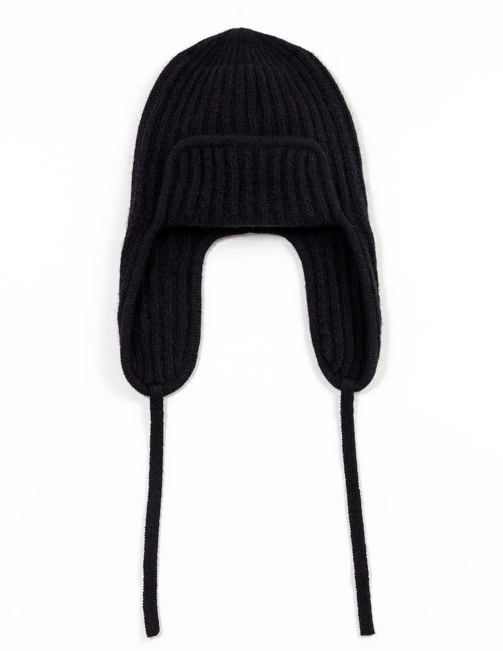 Black knit hat with ear flaps on a white background - Black