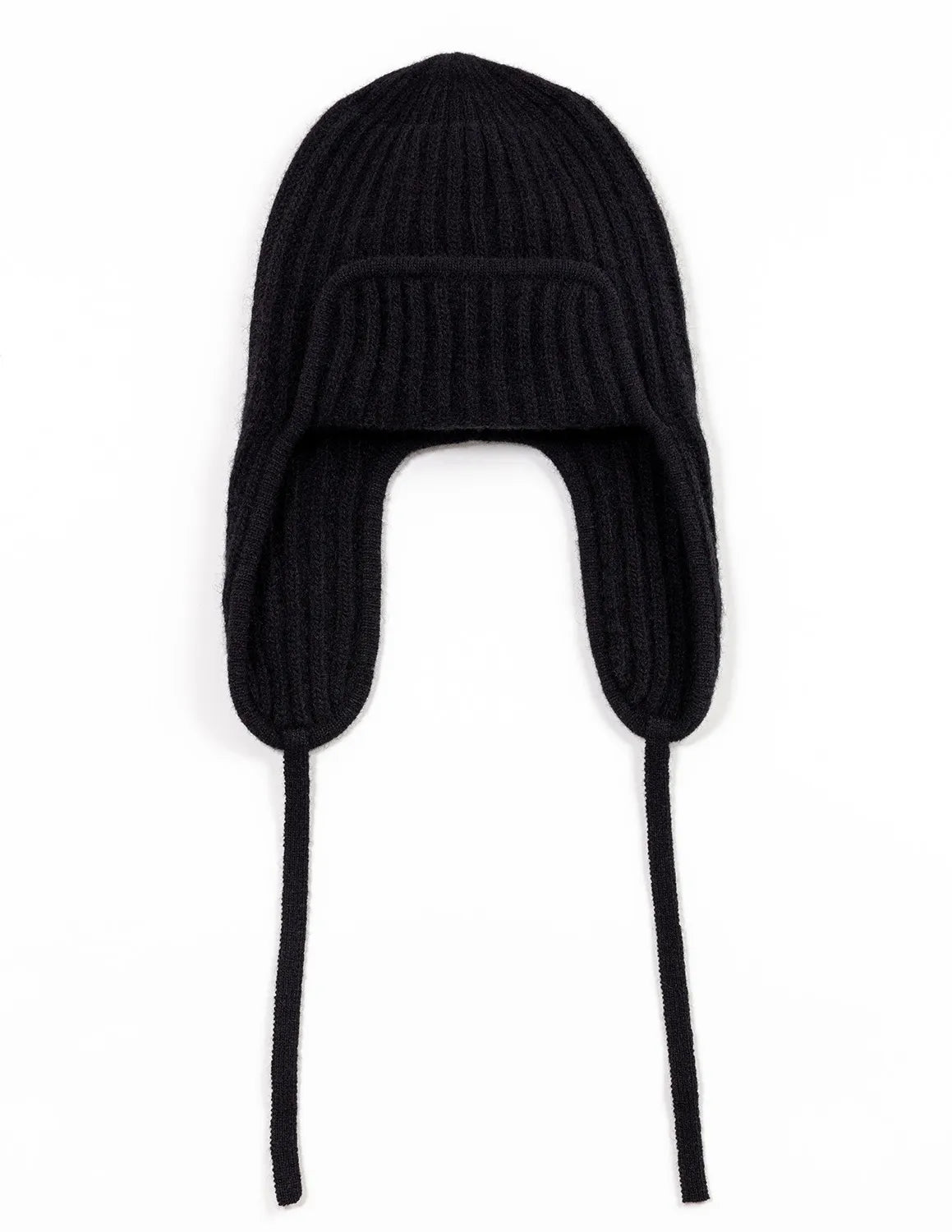 Black knit hat with ear flaps on a white background - Black